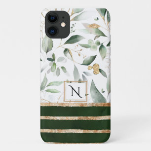 Monogram Floral Botanische Waterverf Glitter iPhone 11 Hoesje
