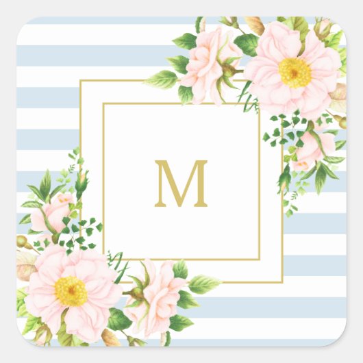Monogram Floral Chic Pastel Blue Stripes Vierkante Sticker (Voorkant)
