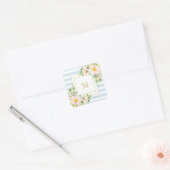 Monogram Floral Chic Pastel Blue Stripes Vierkante Sticker (Envelop)