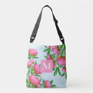 Monogram Floral Elegant Pink Peonies Eenvoudige tu Crossbody Tas