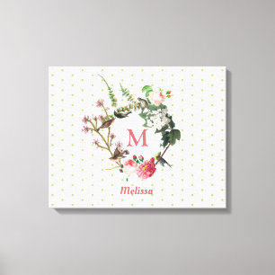 Monogram Floral en Bird Wreath Polka Dots Canvas Afdruk