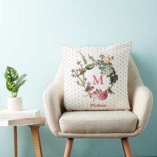 Monogram Floral en Bird Wreath Polka Dots Kussen