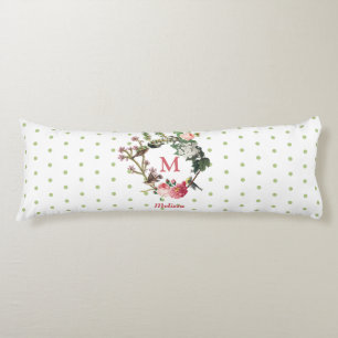 Monogram  Floral en Bird Wreath Polka Dots Lichaamskussen