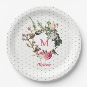 Monogram Floral en Bird Wreath Polka Dots Papieren Bordje