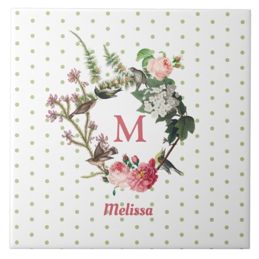 Monogram  Floral en Bird Wreath Polka Dots Tegeltje (Voorkant)