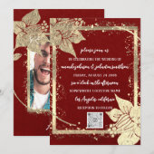 Monogram Floral Foto Gold Lijst QR Code Burgundy Kaart (Voorkant / Achterkant)