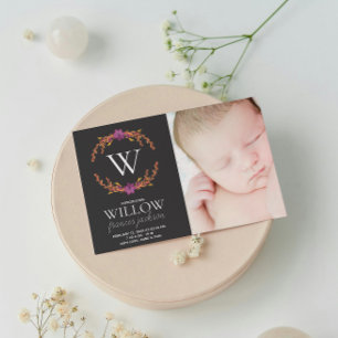 Monogram Floral Foto van Newborn Girl, gepersonali Aankondiging