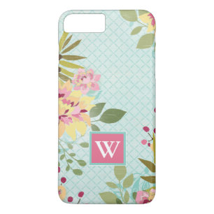 Monogram   Floral Garden, blauwe achtergrond iPhone 8 Plus / 7 Plus Hoesje