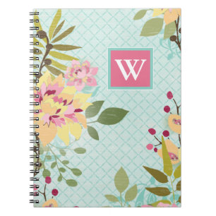 Monogram   Floral Garden, blauwe achtergrond Notitieboek