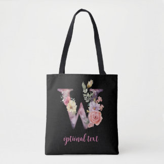 monogram floral gepersonaliseerde zwarte roze lett draagtas