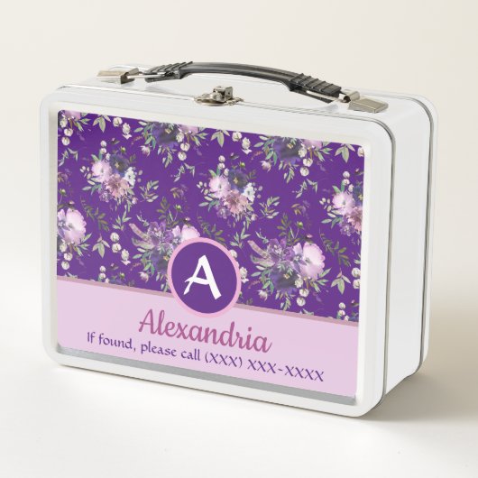 Monogram Floral Girly Paarse Douanenaam (Voorkant)