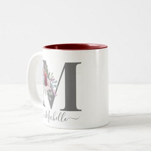 monogram Floral Initiaal Naam Tweekleurige Koffiemok (Voorkant links)