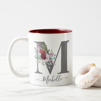 monogram Floral Initiaal Naam Tweekleurige Koffiemok