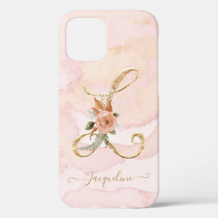 Monogram Floral Letter L Gold Script Waterverf iPhone 12 Hoesje