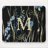 Monogram Floral Light Blue en Gold op zwart Muismat (Voorkant)