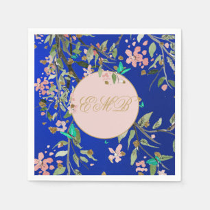Monogram Floral Navy Blue Elegant Gold Birthday Servet