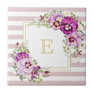 Monogram Floral  Pansies Paarse Stripes Tegeltje