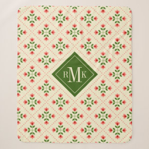 Monogram Floral Pink & Green Quilt Folk Art Sherpa Deken
