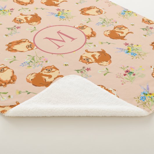 Monogram Floral Pomeranian Pattern Blush Pink Sherpa Deken (3/4)