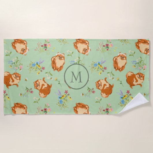 Monogram Floral Pomeranian Pattern Green Strandlaken (Voorkant)