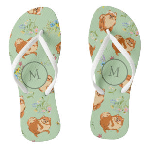 Monogram Floral Pomeranian Pattern Green Teenslippers