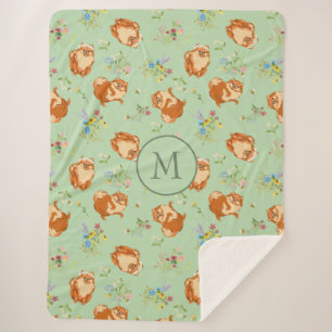 Monogram Floral Pomeranian Pattern Mint Green Sherpa Deken