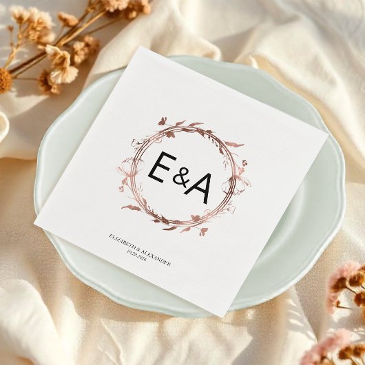 Monogram Floral Roos Gold Foil Wedding Servet