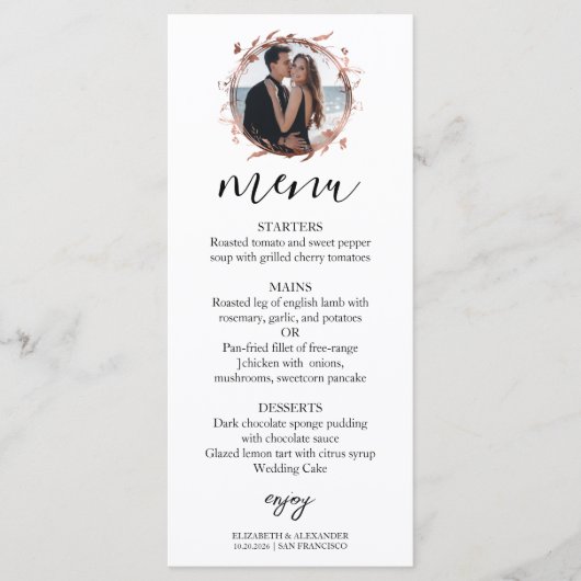 Monogram Floral Rose Gold Foil Mariage photo Menu (Devant)