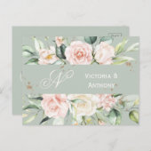 Monogram Floral roze Waterverf sparen de Datum Briefkaart (Voorkant / Achterkant)
