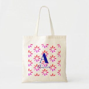 Monogram Floral Waterverf Retro Patroon Hot Pink Tote Bag