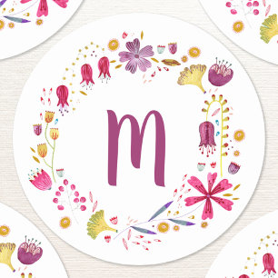 Monogram Floral Waterverf Ronde Sticker
