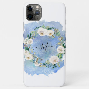 Monogram Floral Waterverf Wash Blue White Script iPhone 11 Pro Max Hoesje