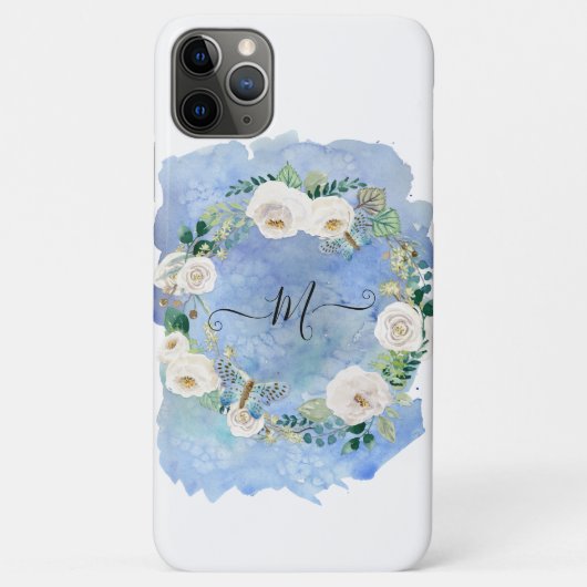Monogram Floral Waterverf Wash Blue White Script Case-Mate iPhone Case (Achterkant)