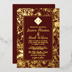  monogram   Floral Wedding Burgundy   Goud Folie Uitnodiging