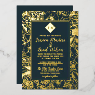  monogram   Floral Wedding Dark Blauwgroen   Goud Folie Uitnodiging