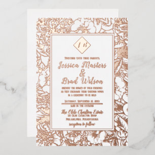  monogram   Floral Wedding White Rose Gold Folie Uitnodiging