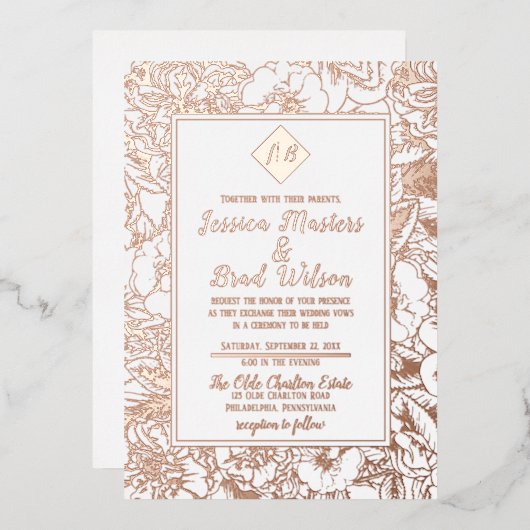  monogram | Floral Wedding White Rose Gold Folie Uitnodiging (Voorkant / Achterkant)