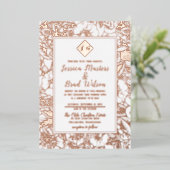  monogram | Floral Wedding White Rose Gold Folie Uitnodiging (Staand Voorkant)