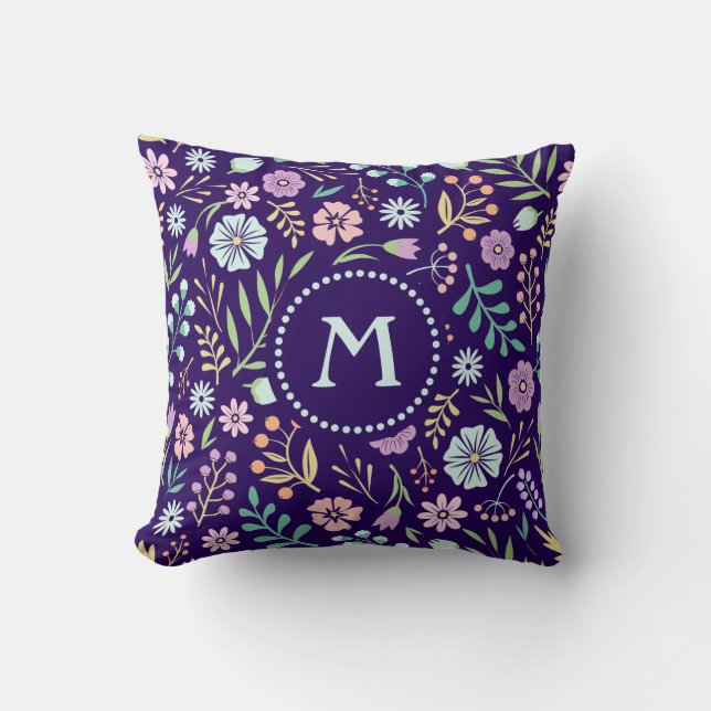 Monogram Floral Whimsical Boho Sierkussen (Voorkant)