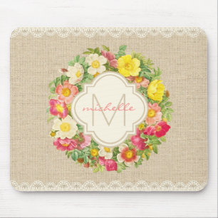Monogram Floral Wreath Linen Lace Mousepad Muismat