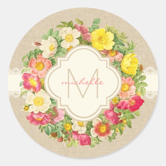 Monogram  Floral Wreath Linen Round Sticker (Voorkant)