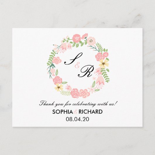 Monogram Floral Wreath Wedding Dank je Briefkaart (Voorkant)