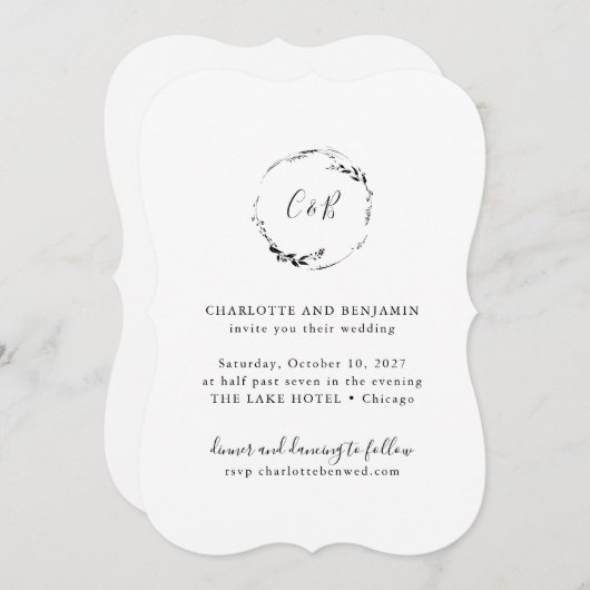 Monogram Floral Wreath White Script Wedding Kaart (Voorkant / Achterkant)