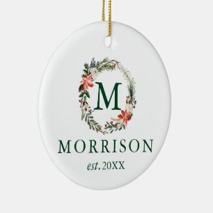 Monogram Floral WreatPas getrouwd PHOTO BACK Keramisch Ornament