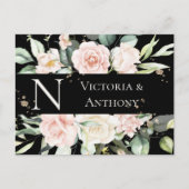 Monogram Floral Zwarte Waterverf sparen de Datum Briefkaart (Voorkant)