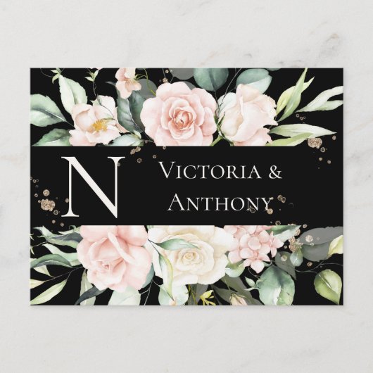 Monogram Floral Zwarte Waterverf sparen de Datum Briefkaart (Voorkant)