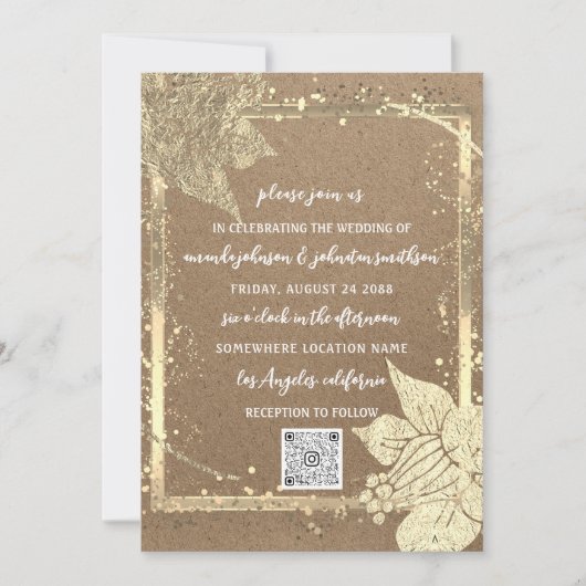 Monogram Florals Foto Gold Lijst QR Code Kraft Kaart (Voorkant)