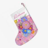 Monogram Flowers and butterfly floral design pink Kleine Kerstsok (Achterkant (Hangend))