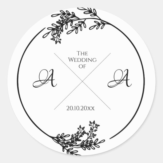 Monogram, Foliage, bruiloft, Verloving Ronde Sticker (Voorkant)