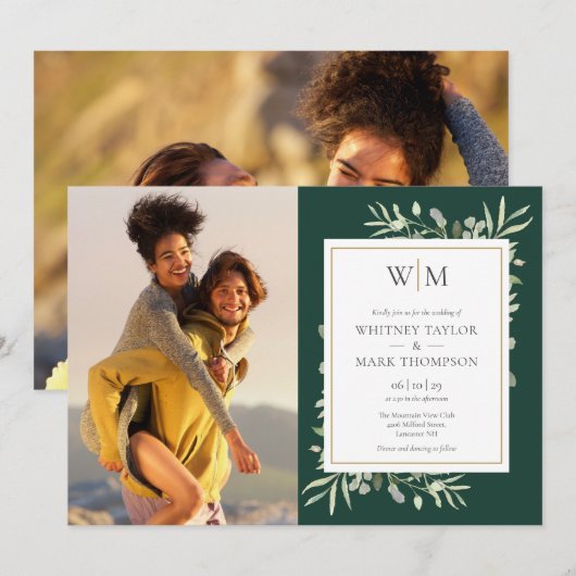 Monogram Foliage Emerald Green Photo Wedding Kaart (Voorkant / Achterkant)